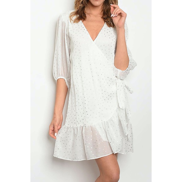 MBM Unlimited Dresses & Skirts - White Silver Dots Ruffle Hem Wrap Dress